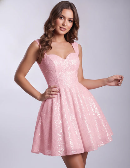 Sequined Tulle Sleeveless Sweetheart A-Line Mini Dress for Party, Cocktail, Prom, Evening, Summer & Wedding Guest Occasions, 