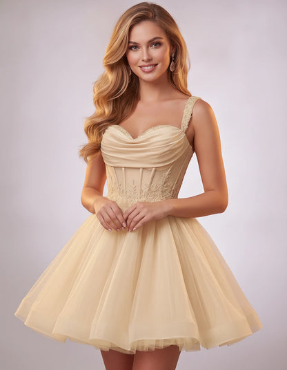 Soft Tulle Sleeveless Sweetheart A-Line Mini Dress with Floral Appliqués for Party, Cocktail, Evening, Summer & Wedding Guest