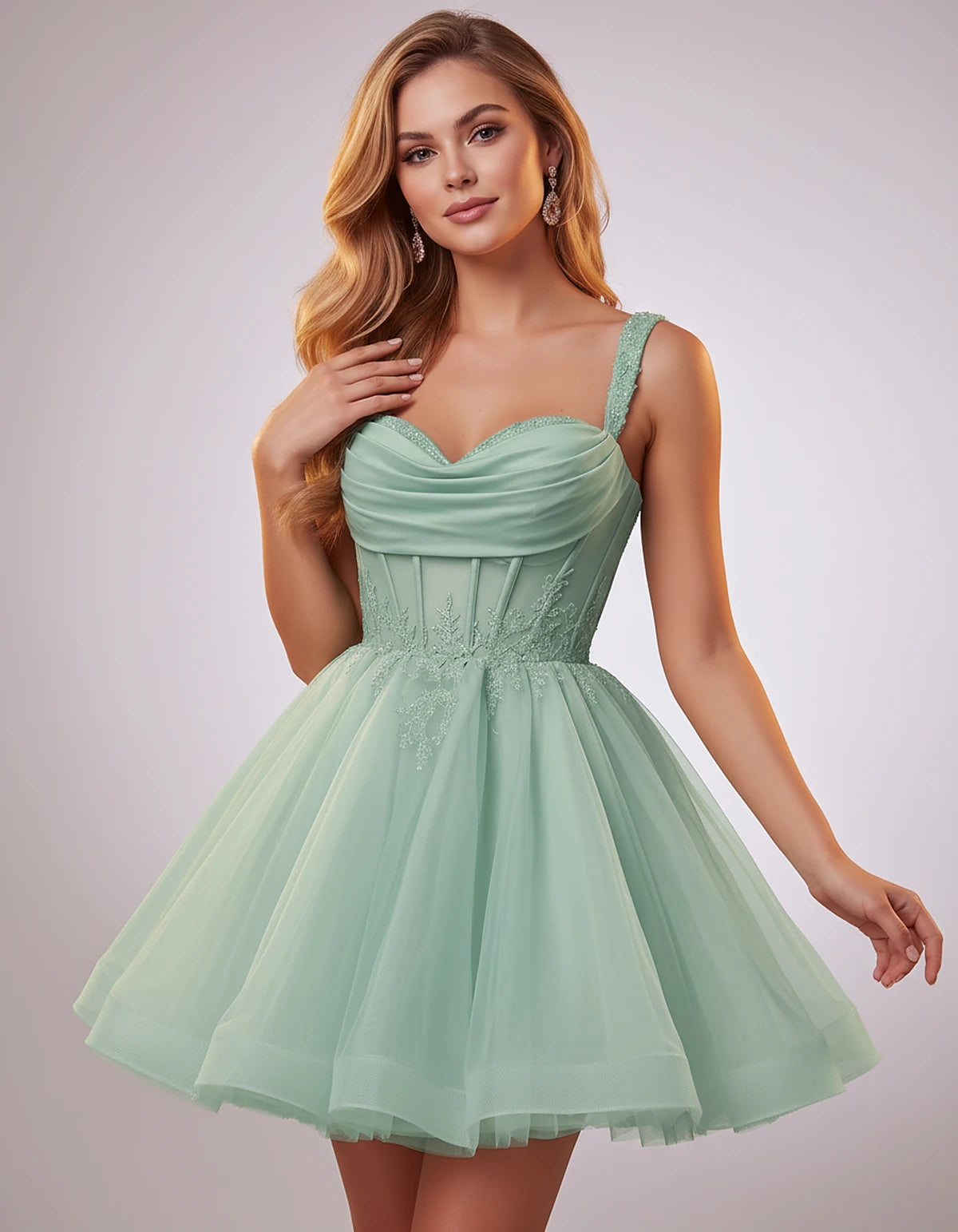 Soft Tulle Sleeveless Sweetheart A-Line Mini Dress with Floral Appliqués for Party, Cocktail, Evening, Summer & Wedding Guest