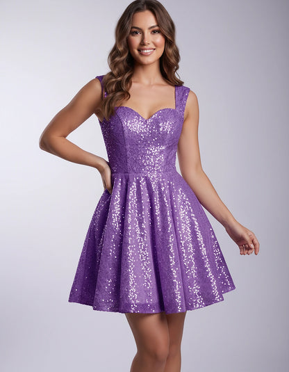 Sequined Tulle Sleeveless Sweetheart A-Line Mini Dress for Party, Cocktail, Prom, Evening, Summer & Wedding Guest Occasions, 
