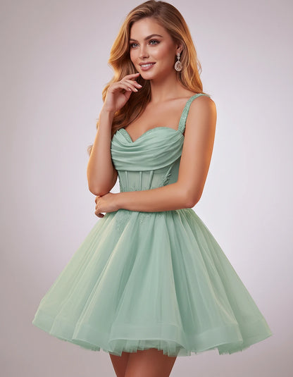 Soft Tulle Sleeveless Sweetheart A-Line Mini Dress with Floral Appliqués for Party, Cocktail, Evening, Summer & Wedding Guest