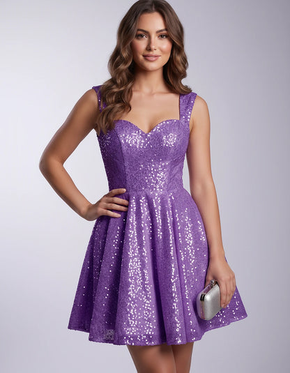 Sequined Tulle Sleeveless Sweetheart A-Line Mini Dress for Party, Cocktail, Prom, Evening, Summer & Wedding Guest Occasions, 
