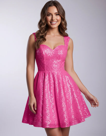 Sequined Tulle Sleeveless Sweetheart A-Line Mini Dress for Party, Cocktail, Prom, Evening, Summer & Wedding Guest Occasions, 