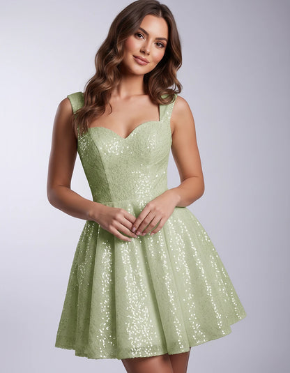 Sequined Tulle Sleeveless Sweetheart A-Line Mini Dress for Party, Cocktail, Prom, Evening, Summer & Wedding Guest Occasions, 