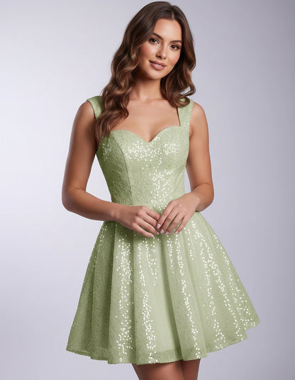 Sequined Tulle Sleeveless Sweetheart A-Line Mini Dress for Party, Cocktail, Prom, Evening, Summer & Wedding Guest Occasions, 