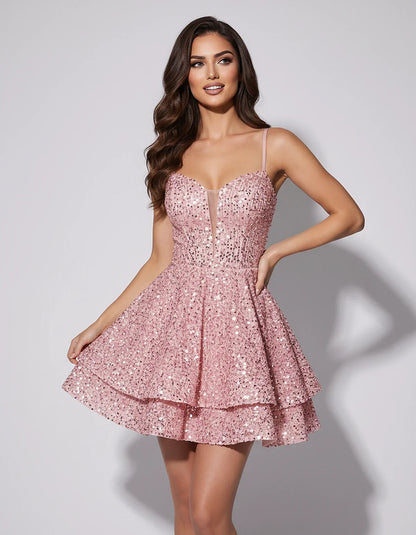 Sequin Lace Spaghetti Strap Sweetheart Fit and Flare Mini Dress with Lace Up Back for Homecoming, Prom, Cocktail & Wedding Gu | SKU: CMD-684920175318642-BLUSH-L,CMD-684920175318642-BLUSH-M,CMD-684920175318642-BLUSH-S,CMD-684920175318642-BLUSH-XL,CMD-684920175318642-BLUSH-XS