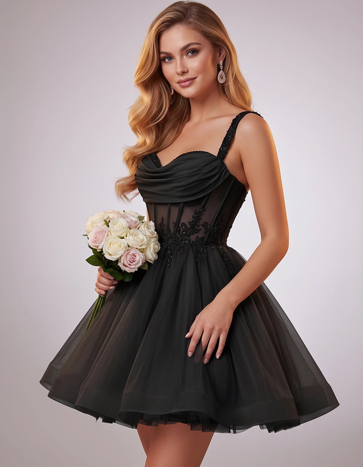 Soft Tulle Sleeveless Sweetheart A-Line Mini Dress with Floral Appliqués for Party, Cocktail, Evening, Summer & Wedding Guest