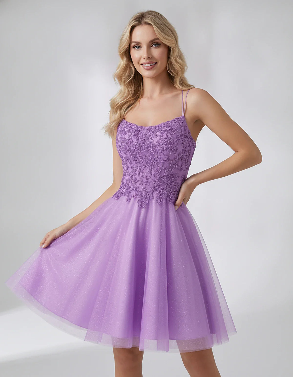 Lace Glitter Tulle Spaghetti Strap Square Neck A-Line Mini Dress for Homecoming, Party, Cocktail, Evening & Wedding Guest Eve | SKU: CMD-582741963852714-PURPLE-L,CMD-582741963852714-PURPLE-M,CMD-582741963852714-PURPLE-S,CMD-582741963852714-PURPLE-XL,CMD-582741963852714-PURPLE-XS