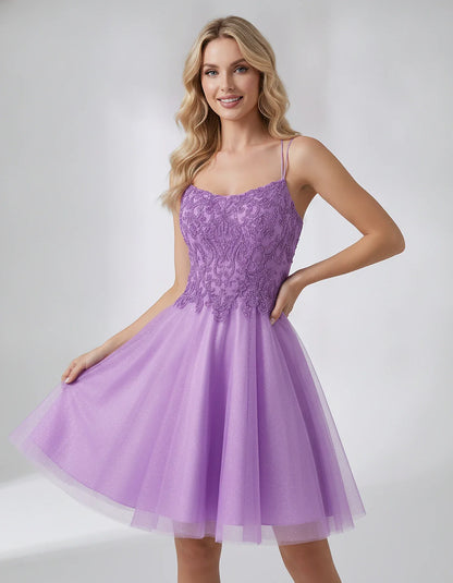 Lace Glitter Tulle Spaghetti Strap Square Neck A-Line Mini Dress for Homecoming, Party, Cocktail, Evening & Wedding Guest Eve | SKU: CMD-582741963852714-PURPLE-L,CMD-582741963852714-PURPLE-M,CMD-582741963852714-PURPLE-S,CMD-582741963852714-PURPLE-XL,CMD-582741963852714-PURPLE-XS