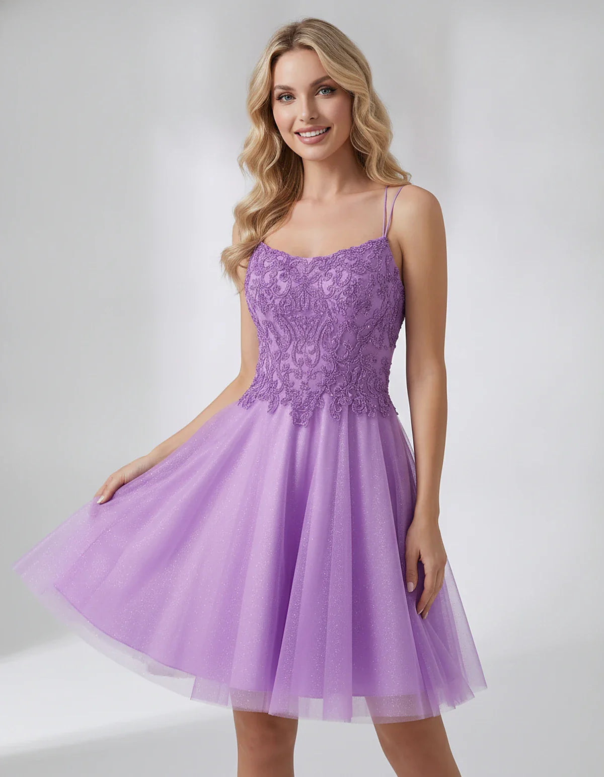 Lace Glitter Tulle Spaghetti Strap Square Neck A-Line Mini Dress for Homecoming, Party, Cocktail, Evening & Wedding Guest Eve | SKU: CMD-582741963852714-PURPLE-L,CMD-582741963852714-PURPLE-M,CMD-582741963852714-PURPLE-S,CMD-582741963852714-PURPLE-XL,CMD-582741963852714-PURPLE-XS