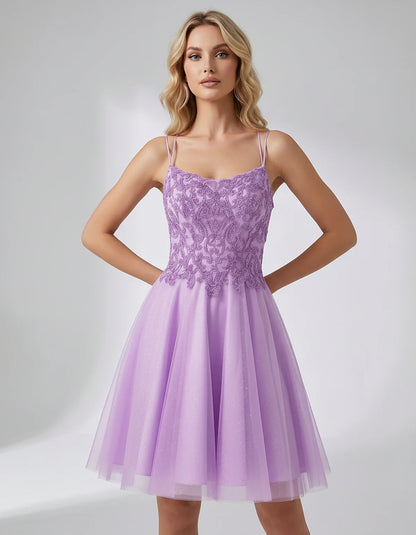 Lace Glitter Tulle Spaghetti Strap Square Neck A-Line Mini Dress for Homecoming, Party, Cocktail, Evening & Wedding Guest Eve | SKU: CMD-582741963852714-LILAC-L,CMD-582741963852714-LILAC-M,CMD-582741963852714-LILAC-S,CMD-582741963852714-LILAC-XL,CMD-582741963852714-LILAC-XS