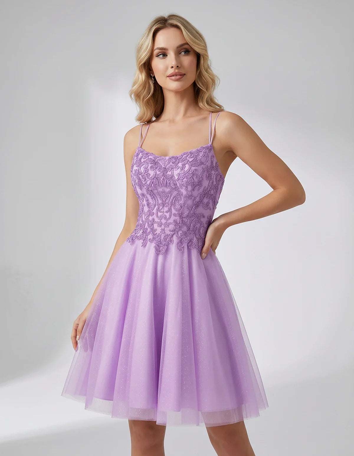 Lace Glitter Tulle Spaghetti Strap Square Neck A-Line Mini Dress for Homecoming, Party, Cocktail, Evening & Wedding Guest Eve | SKU: CMD-582741963852714-LILAC-L,CMD-582741963852714-LILAC-M,CMD-582741963852714-LILAC-S,CMD-582741963852714-LILAC-XL,CMD-582741963852714-LILAC-XS
