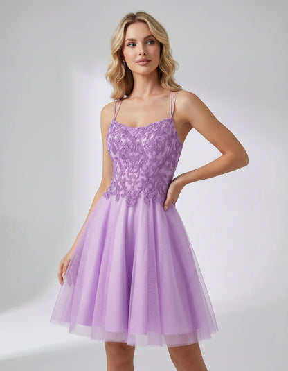 Lace Glitter Tulle Spaghetti Strap Square Neck A-Line Mini Dress for Homecoming, Party, Cocktail, Evening & Wedding Guest Eve | SKU: CMD-582741963852714-LILAC-L,CMD-582741963852714-LILAC-M,CMD-582741963852714-LILAC-S,CMD-582741963852714-LILAC-XL,CMD-582741963852714-LILAC-XS