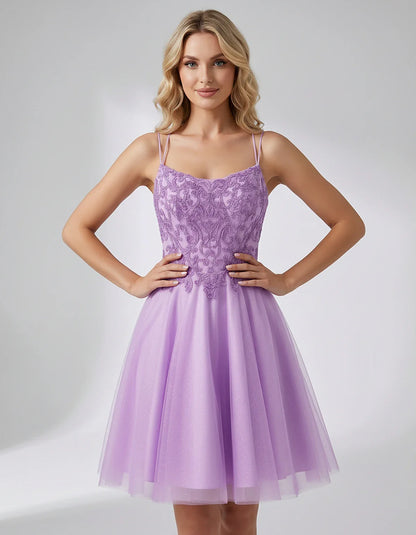 Lace Glitter Tulle Spaghetti Strap Square Neck A-Line Mini Dress for Homecoming, Party, Cocktail, Evening & Wedding Guest Eve | SKU: CMD-582741963852714-LILAC-L,CMD-582741963852714-LILAC-M,CMD-582741963852714-LILAC-S,CMD-582741963852714-LILAC-XL,CMD-582741963852714-LILAC-XS