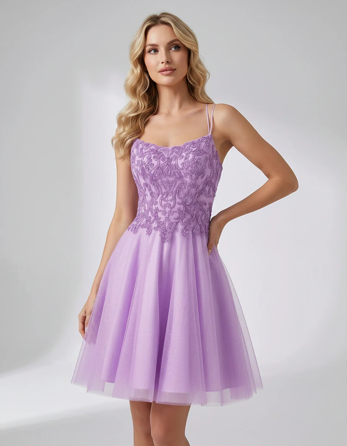 Lace Glitter Tulle Spaghetti Strap Square Neck A-Line Mini Dress for Homecoming, Party, Cocktail, Evening & Wedding Guest Eve | SKU: CMD-582741963852714-LILAC-L,CMD-582741963852714-LILAC-M,CMD-582741963852714-LILAC-S,CMD-582741963852714-LILAC-XL,CMD-582741963852714-LILAC-XS
