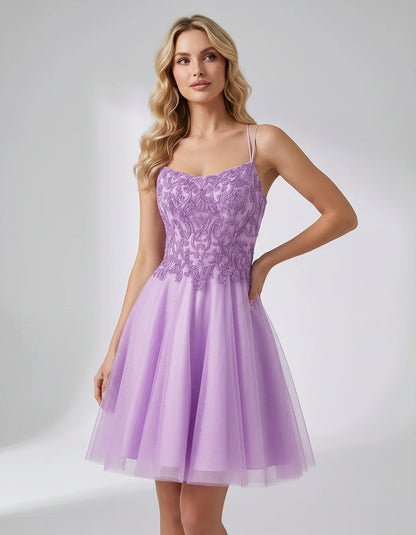 Lace Glitter Tulle Spaghetti Strap Square Neck A-Line Mini Dress for Homecoming, Party, Cocktail, Evening & Wedding Guest Eve | SKU: CMD-582741963852714-LILAC-L,CMD-582741963852714-LILAC-M,CMD-582741963852714-LILAC-S,CMD-582741963852714-LILAC-XL,CMD-582741963852714-LILAC-XS