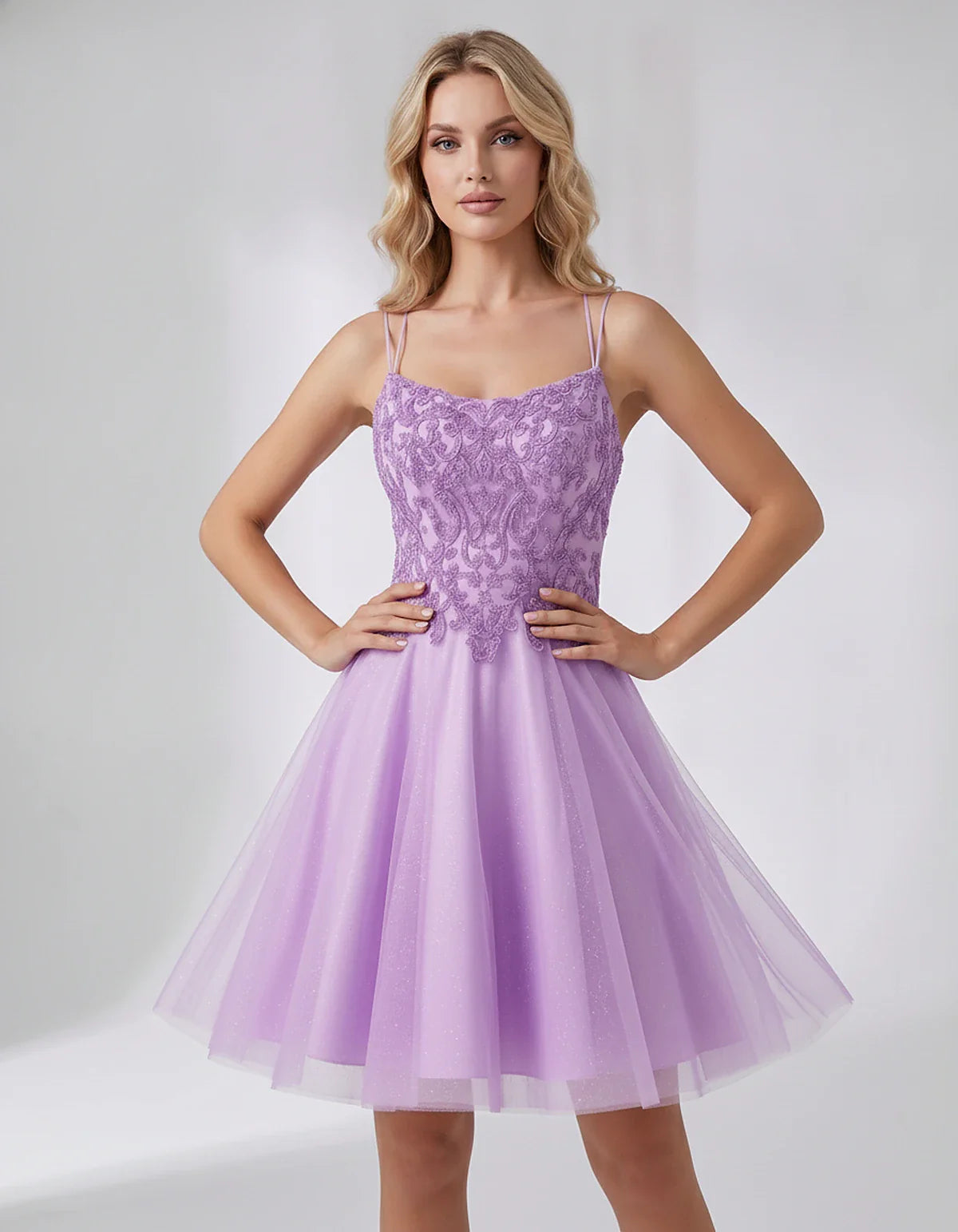 Lace Glitter Tulle Spaghetti Strap Square Neck A-Line Mini Dress for Homecoming, Party, Cocktail, Evening & Wedding Guest Eve | SKU: CMD-582741963852714-LILAC-L,CMD-582741963852714-LILAC-M,CMD-582741963852714-LILAC-S,CMD-582741963852714-LILAC-XL,CMD-582741963852714-LILAC-XS