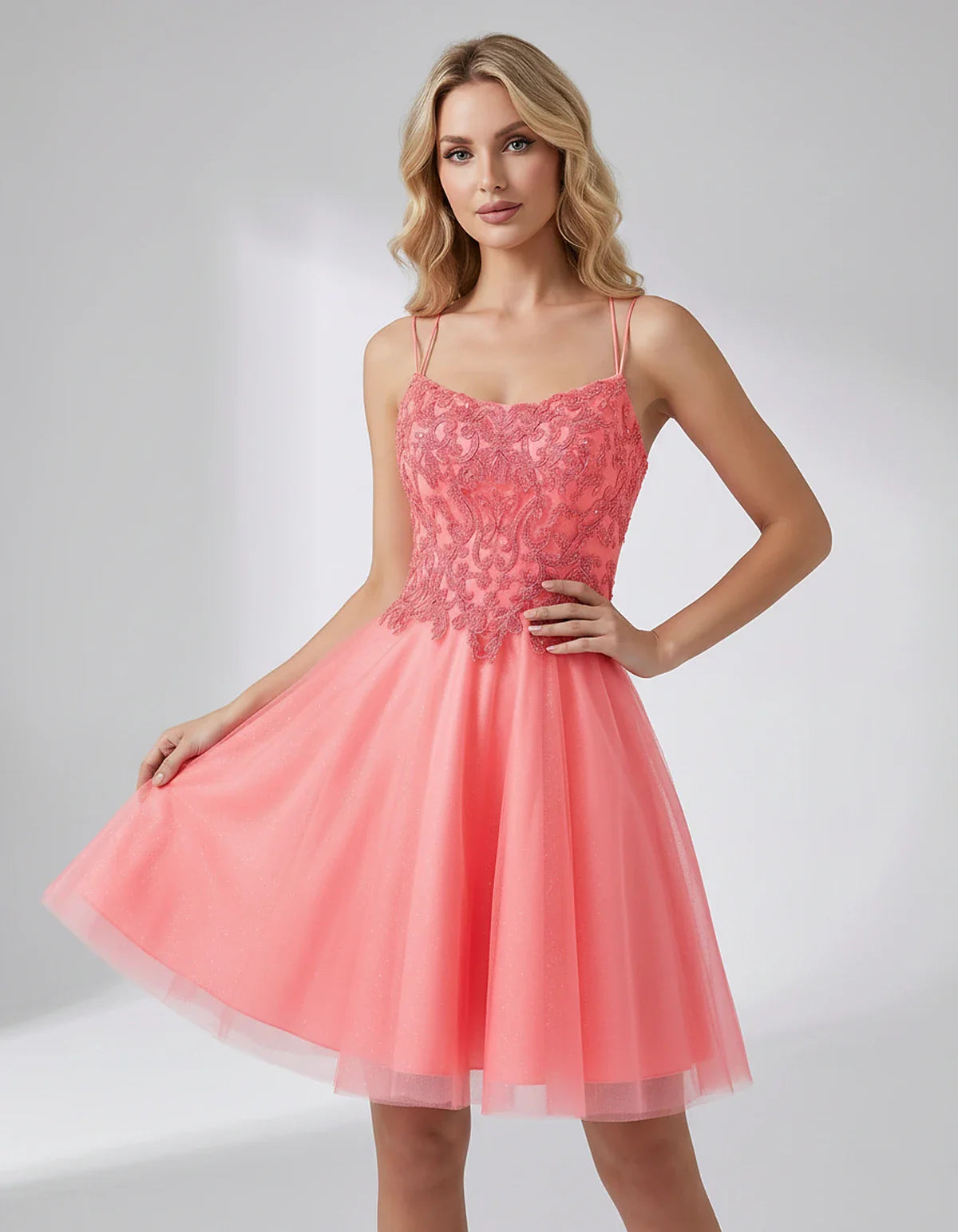 Lace Glitter Tulle Spaghetti Strap Square Neck A-Line Mini Dress for Homecoming, Party, Cocktail, Evening & Wedding Guest Eve | SKU: CMD-582741963852714-CORAL-L,CMD-582741963852714-CORAL-M,CMD-582741963852714-CORAL-S,CMD-582741963852714-CORAL-XL,CMD-582741963852714-CORAL-XS