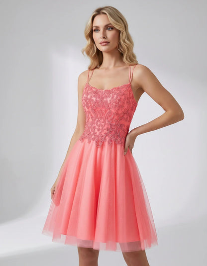 Lace Glitter Tulle Spaghetti Strap Square Neck A-Line Mini Dress for Homecoming, Party, Cocktail, Evening & Wedding Guest Eve | SKU: CMD-582741963852714-CORAL-L,CMD-582741963852714-CORAL-M,CMD-582741963852714-CORAL-S,CMD-582741963852714-CORAL-XL,CMD-582741963852714-CORAL-XS