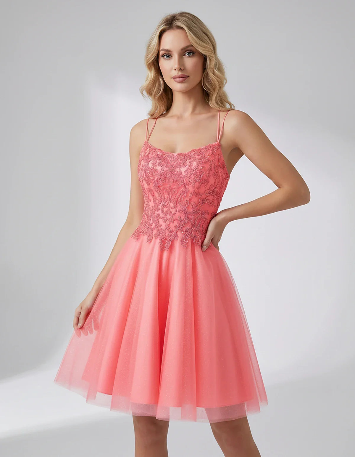 Lace Glitter Tulle Spaghetti Strap Square Neck A-Line Mini Dress for Homecoming, Party, Cocktail, Evening & Wedding Guest Eve | SKU: CMD-582741963852714-CORAL-L,CMD-582741963852714-CORAL-M,CMD-582741963852714-CORAL-S,CMD-582741963852714-CORAL-XL,CMD-582741963852714-CORAL-XS