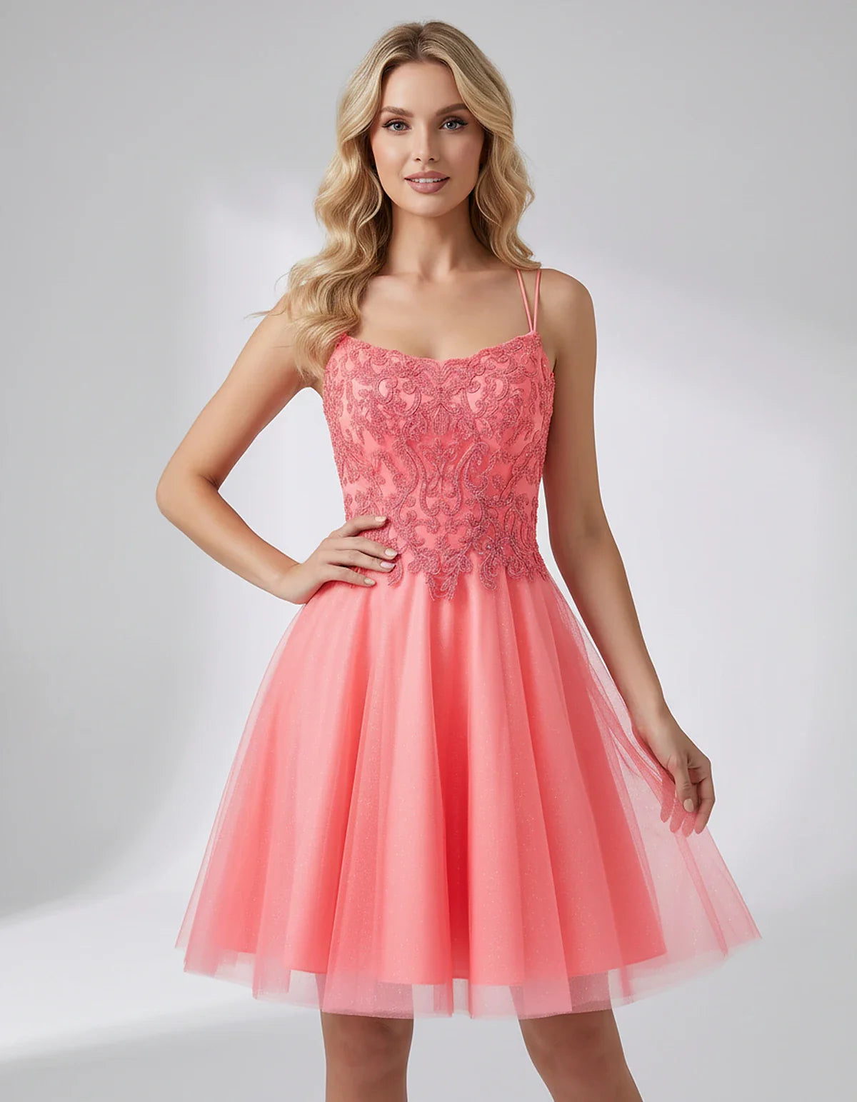 Lace Glitter Tulle Spaghetti Strap Square Neck A-Line Mini Dress for Homecoming, Party, Cocktail, Evening & Wedding Guest Eve | SKU: CMD-582741963852714-CORAL-L,CMD-582741963852714-CORAL-M,CMD-582741963852714-CORAL-S,CMD-582741963852714-CORAL-XL,CMD-582741963852714-CORAL-XS