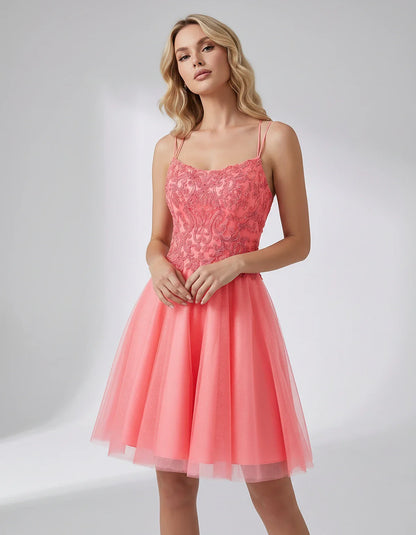 Lace Glitter Tulle Spaghetti Strap Square Neck A-Line Mini Dress for Homecoming, Party, Cocktail, Evening & Wedding Guest Eve | SKU: CMD-582741963852714-CORAL-L,CMD-582741963852714-CORAL-M,CMD-582741963852714-CORAL-S,CMD-582741963852714-CORAL-XL,CMD-582741963852714-CORAL-XS