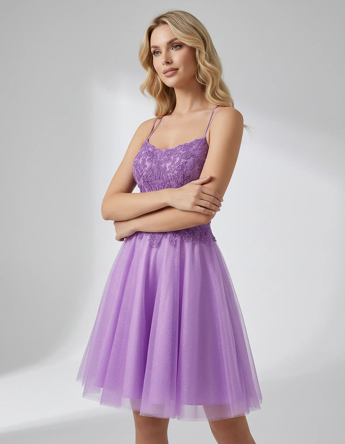 Lace Glitter Tulle Spaghetti Strap Square Neck A-Line Mini Dress for Homecoming, Party, Cocktail, Evening & Wedding Guest Eve | SKU: CMD-582741963852714-PURPLE-L,CMD-582741963852714-PURPLE-M,CMD-582741963852714-PURPLE-S,CMD-582741963852714-PURPLE-XL,CMD-582741963852714-PURPLE-XS