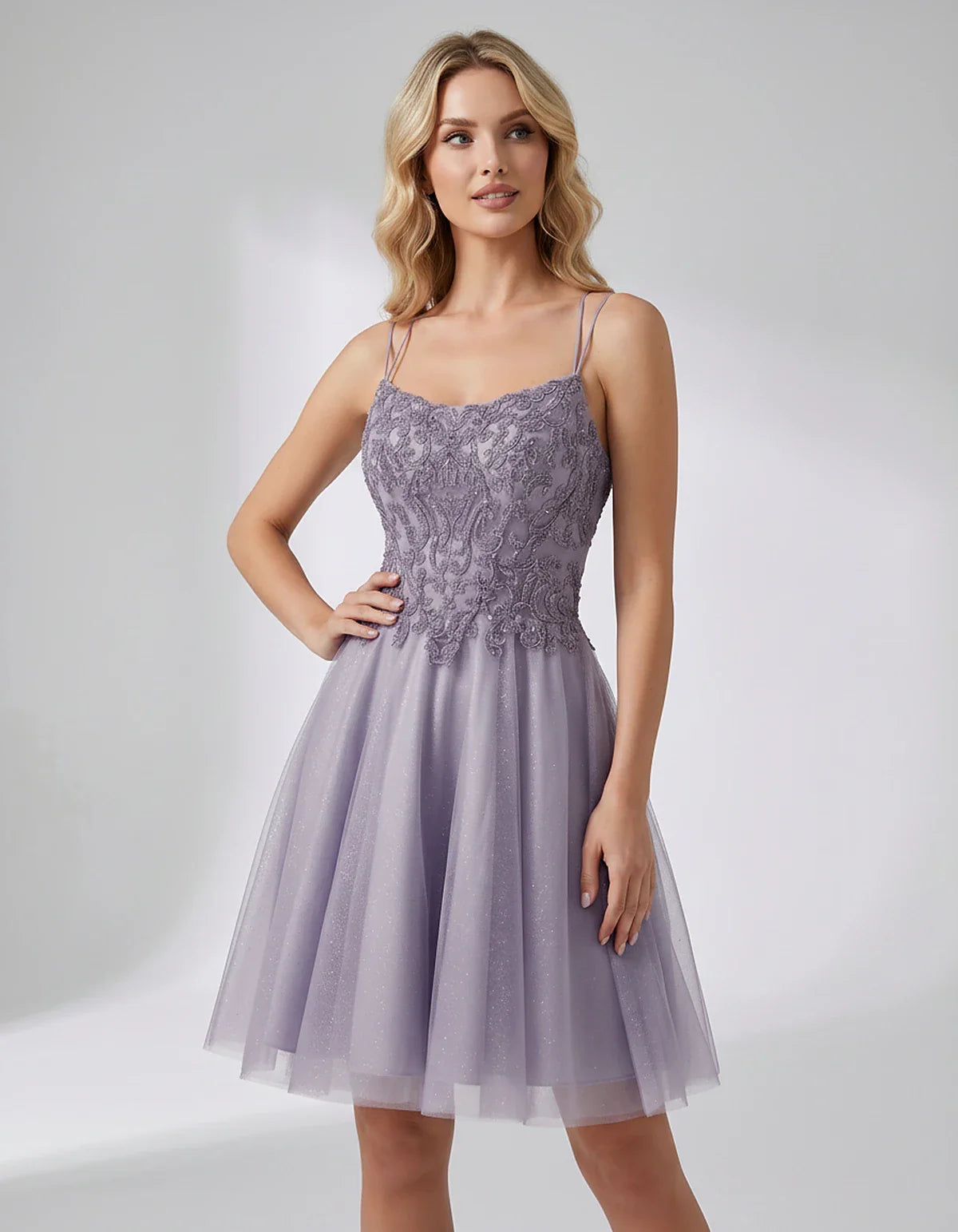 Lace Glitter Tulle Spaghetti Strap Square Neck A-Line Mini Dress for Homecoming, Party, Cocktail, Evening & Wedding Guest Eve | SKU: CMD-582741963852714-LAVENDER-L,CMD-582741963852714-LAVENDER-M,CMD-582741963852714-LAVENDER-S,CMD-582741963852714-LAVENDER-XL,CMD-582741963852714-LAVENDER-XS