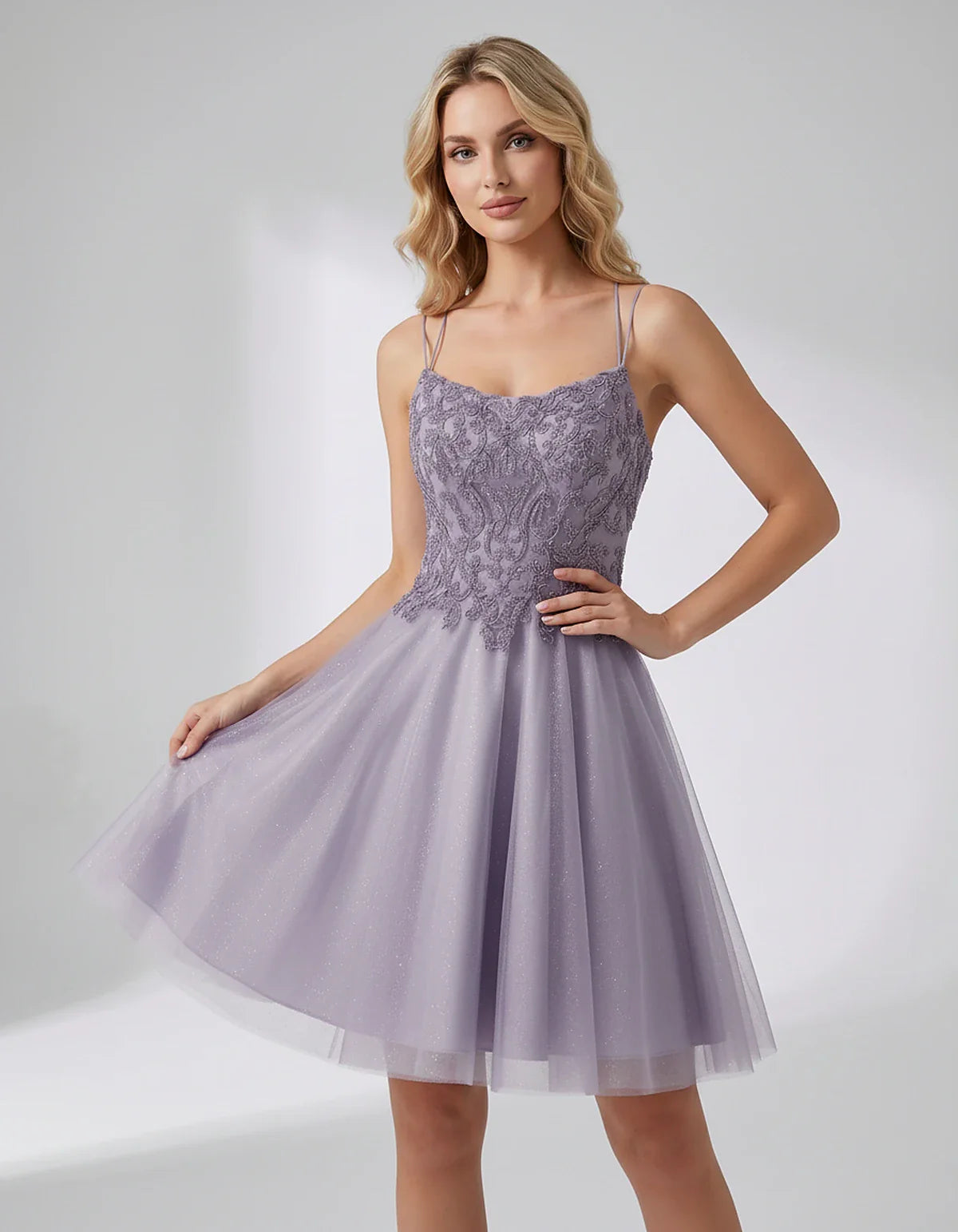 Lace Glitter Tulle Spaghetti Strap Square Neck A-Line Mini Dress for Homecoming, Party, Cocktail, Evening & Wedding Guest Eve | SKU: CMD-582741963852714-LAVENDER-L,CMD-582741963852714-LAVENDER-M,CMD-582741963852714-LAVENDER-S,CMD-582741963852714-LAVENDER-XL,CMD-582741963852714-LAVENDER-XS