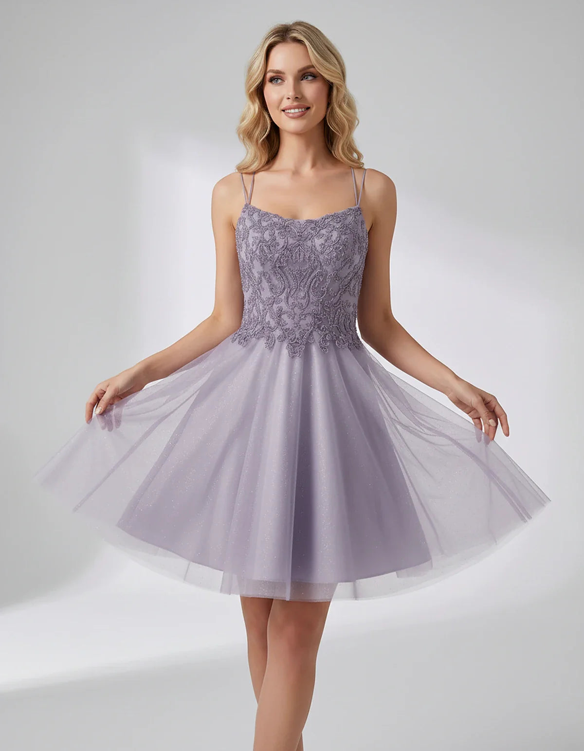 Lace Glitter Tulle Spaghetti Strap Square Neck A-Line Mini Dress for Homecoming, Party, Cocktail, Evening & Wedding Guest Eve | SKU: CMD-582741963852714-LAVENDER-L,CMD-582741963852714-LAVENDER-M,CMD-582741963852714-LAVENDER-S,CMD-582741963852714-LAVENDER-XL,CMD-582741963852714-LAVENDER-XS