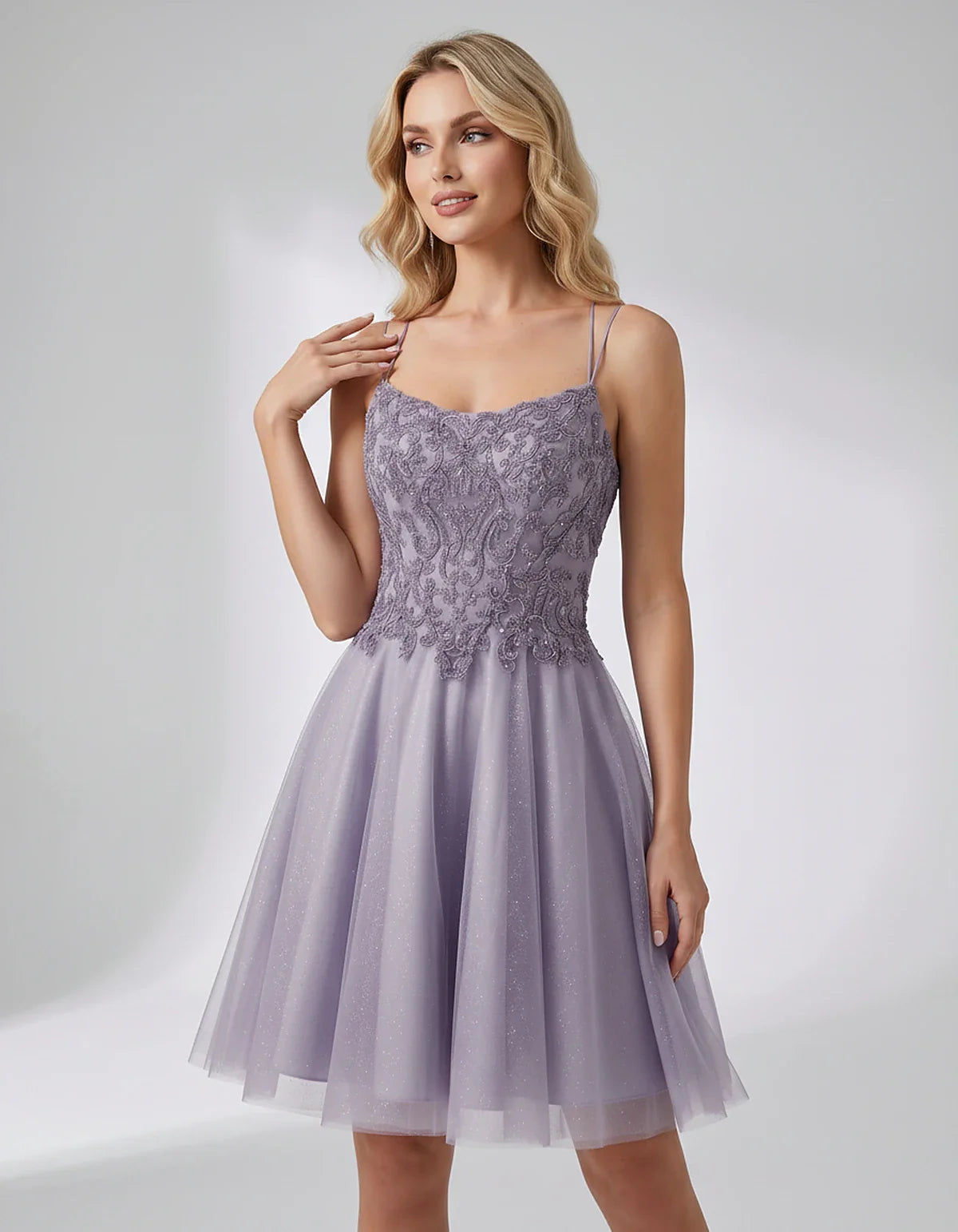 Lace Glitter Tulle Spaghetti Strap Square Neck A-Line Mini Dress for Homecoming, Party, Cocktail, Evening & Wedding Guest Eve | SKU: CMD-582741963852714-LAVENDER-L,CMD-582741963852714-LAVENDER-M,CMD-582741963852714-LAVENDER-S,CMD-582741963852714-LAVENDER-XL,CMD-582741963852714-LAVENDER-XS