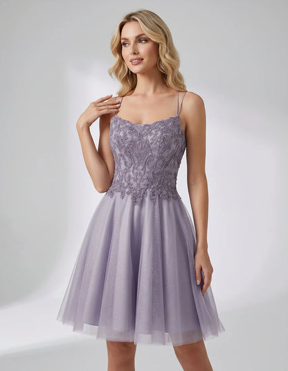 Lace Glitter Tulle Spaghetti Strap Square Neck A-Line Mini Dress for Homecoming, Party, Cocktail, Evening & Wedding Guest Eve | SKU: CMD-582741963852714-LAVENDER-L,CMD-582741963852714-LAVENDER-M,CMD-582741963852714-LAVENDER-S,CMD-582741963852714-LAVENDER-XL,CMD-582741963852714-LAVENDER-XS