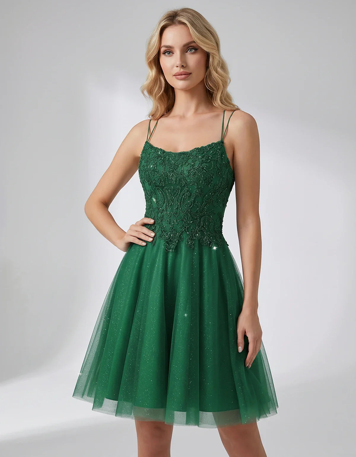 Lace Glitter Tulle Spaghetti Strap Square Neck A-Line Mini Dress for Homecoming, Party, Cocktail, Evening & Wedding Guest Eve | SKU: CMD-582741963852714-GREEN-L,CMD-582741963852714-GREEN-M,CMD-582741963852714-GREEN-S,CMD-582741963852714-GREEN-XL,CMD-582741963852714-GREEN-XS