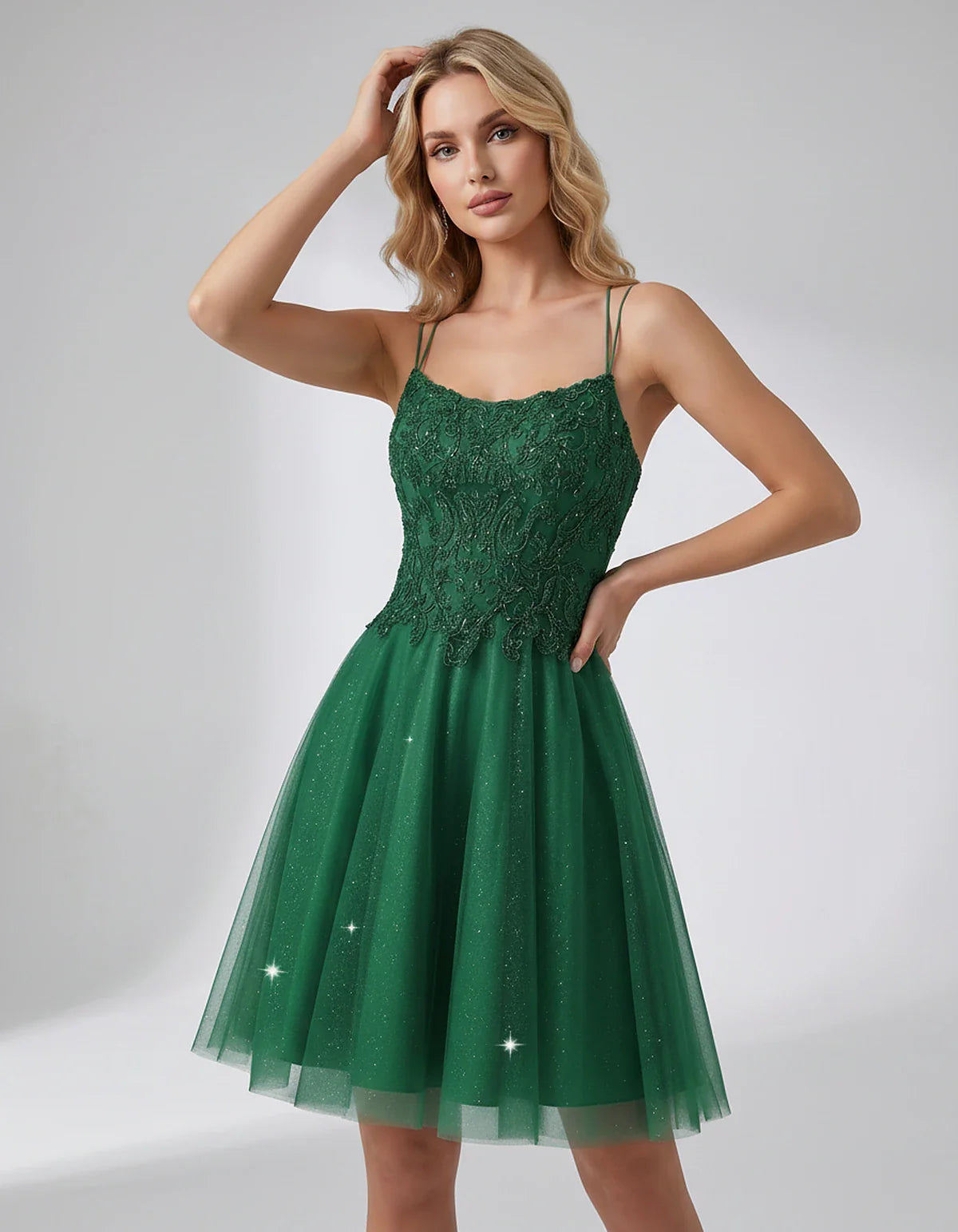 Lace Glitter Tulle Spaghetti Strap Square Neck A-Line Mini Dress for Homecoming, Party, Cocktail, Evening & Wedding Guest Eve | SKU: CMD-582741963852714-GREEN-L,CMD-582741963852714-GREEN-M,CMD-582741963852714-GREEN-S,CMD-582741963852714-GREEN-XL,CMD-582741963852714-GREEN-XS