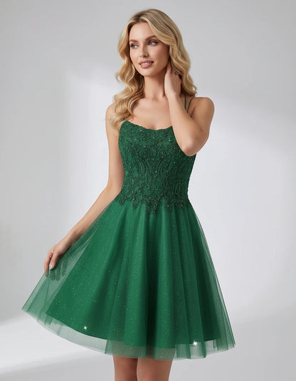 Lace Glitter Tulle Spaghetti Strap Square Neck A-Line Mini Dress for Homecoming, Party, Cocktail, Evening & Wedding Guest Eve | SKU: CMD-582741963852714-GREEN-L,CMD-582741963852714-GREEN-M,CMD-582741963852714-GREEN-S,CMD-582741963852714-GREEN-XL,CMD-582741963852714-GREEN-XS