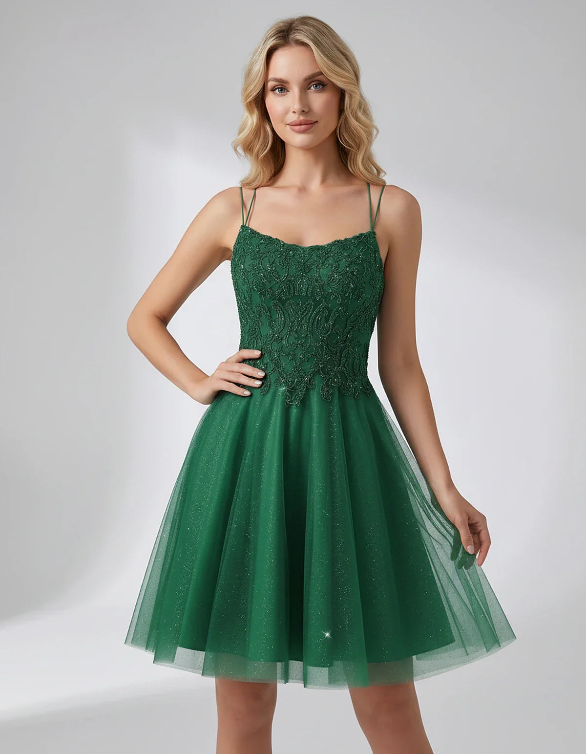 Lace Glitter Tulle Spaghetti Strap Square Neck A-Line Mini Dress for Homecoming, Party, Cocktail, Evening & Wedding Guest Eve | SKU: CMD-582741963852714-GREEN-L,CMD-582741963852714-GREEN-M,CMD-582741963852714-GREEN-S,CMD-582741963852714-GREEN-XL,CMD-582741963852714-GREEN-XS