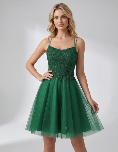 Lace Glitter Tulle Spaghetti Strap Square Neck A-Line Mini Dress for Homecoming, Party, Cocktail, Evening & Wedding Guest Eve | SKU: CMD-582741963852714-GREEN-L,CMD-582741963852714-GREEN-M,CMD-582741963852714-GREEN-S,CMD-582741963852714-GREEN-XL,CMD-582741963852714-GREEN-XS