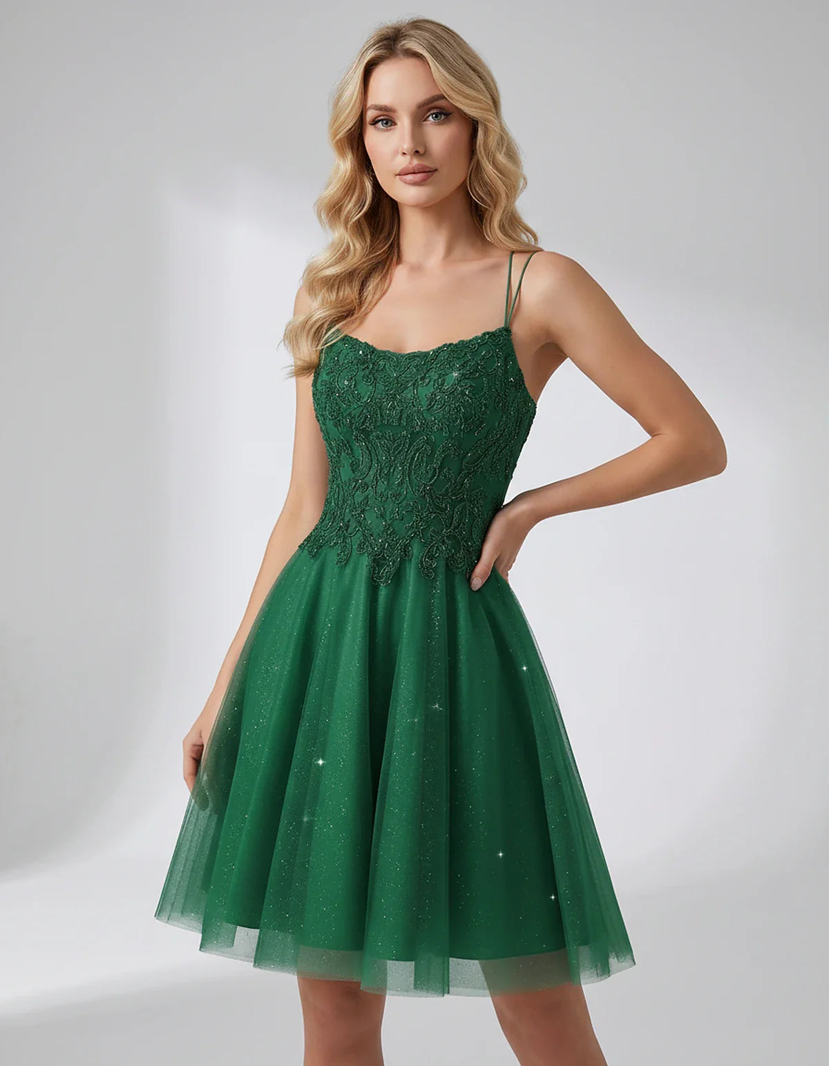 Lace Glitter Tulle Spaghetti Strap Square Neck A-Line Mini Dress for Homecoming, Party, Cocktail, Evening & Wedding Guest Eve | SKU: CMD-582741963852714-GREEN-L,CMD-582741963852714-GREEN-M,CMD-582741963852714-GREEN-S,CMD-582741963852714-GREEN-XL,CMD-582741963852714-GREEN-XS