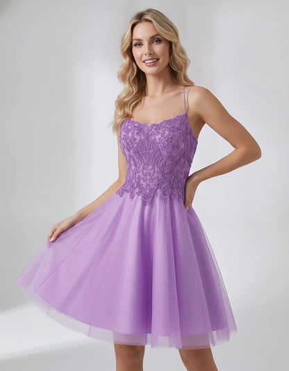 Lace Glitter Tulle Spaghetti Strap Square Neck A-Line Mini Dress for Homecoming, Party, Cocktail, Evening & Wedding Guest Eve | SKU: CMD-582741963852714-PURPLE-L,CMD-582741963852714-PURPLE-M,CMD-582741963852714-PURPLE-S,CMD-582741963852714-PURPLE-XL,CMD-582741963852714-PURPLE-XS