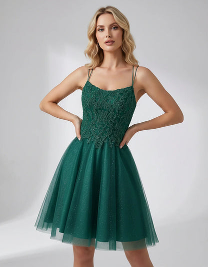 Lace Glitter Tulle Spaghetti Strap Square Neck A-Line Mini Dress for Homecoming, Party, Cocktail, Evening & Wedding Guest Eve | SKU: CMD-582741963852714-TEAL-L,CMD-582741963852714-TEAL-M,CMD-582741963852714-TEAL-S,CMD-582741963852714-TEAL-XL,CMD-582741963852714-TEAL-XS