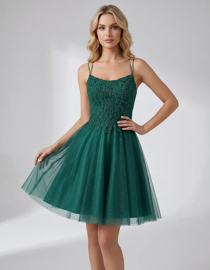 Lace Glitter Tulle Spaghetti Strap Square Neck A-Line Mini Dress for Homecoming, Party, Cocktail, Evening & Wedding Guest Eve | SKU: CMD-582741963852714-TEAL-L,CMD-582741963852714-TEAL-M,CMD-582741963852714-TEAL-S,CMD-582741963852714-TEAL-XL,CMD-582741963852714-TEAL-XS