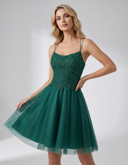Lace Glitter Tulle Spaghetti Strap Square Neck A-Line Mini Dress for Homecoming, Party, Cocktail, Evening & Wedding Guest Eve | SKU: CMD-582741963852714-TEAL-L,CMD-582741963852714-TEAL-M,CMD-582741963852714-TEAL-S,CMD-582741963852714-TEAL-XL,CMD-582741963852714-TEAL-XS