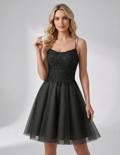 Lace Glitter Tulle Spaghetti Strap Square Neck A-Line Mini Dress for Homecoming, Party, Cocktail, Evening & Wedding Guest Eve | SKU: CMD-582741963852714-BLACK-L,CMD-582741963852714-BLACK-M,CMD-582741963852714-BLACK-S,CMD-582741963852714-BLACK-XL,CMD-582741963852714-BLACK-XS