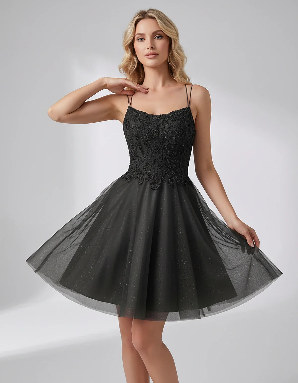 Lace Glitter Tulle Spaghetti Strap Square Neck A-Line Mini Dress for Homecoming, Party, Cocktail, Evening & Wedding Guest Eve | SKU: CMD-582741963852714-BLACK-L,CMD-582741963852714-BLACK-M,CMD-582741963852714-BLACK-S,CMD-582741963852714-BLACK-XL,CMD-582741963852714-BLACK-XS
