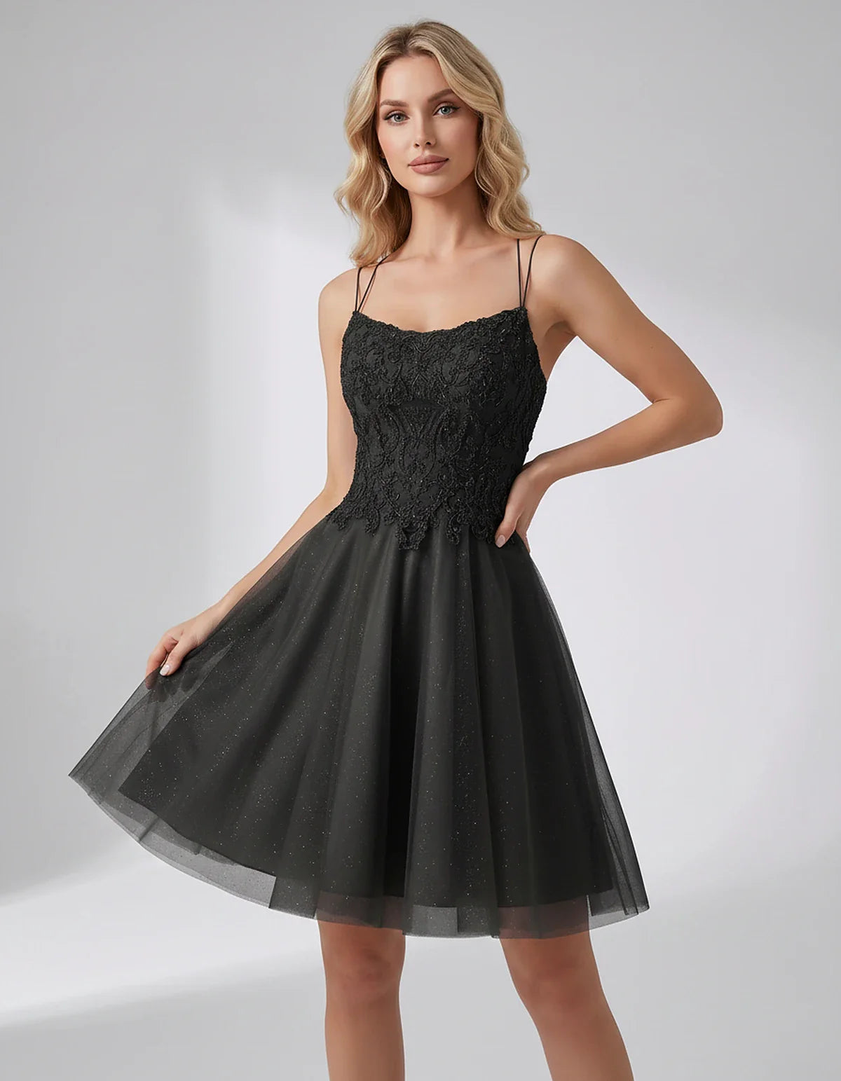 Lace Glitter Tulle Spaghetti Strap Square Neck A-Line Mini Dress for Homecoming, Party, Cocktail, Evening & Wedding Guest Eve | SKU: CMD-582741963852714-BLACK-L,CMD-582741963852714-BLACK-M,CMD-582741963852714-BLACK-S,CMD-582741963852714-BLACK-XL,CMD-582741963852714-BLACK-XS