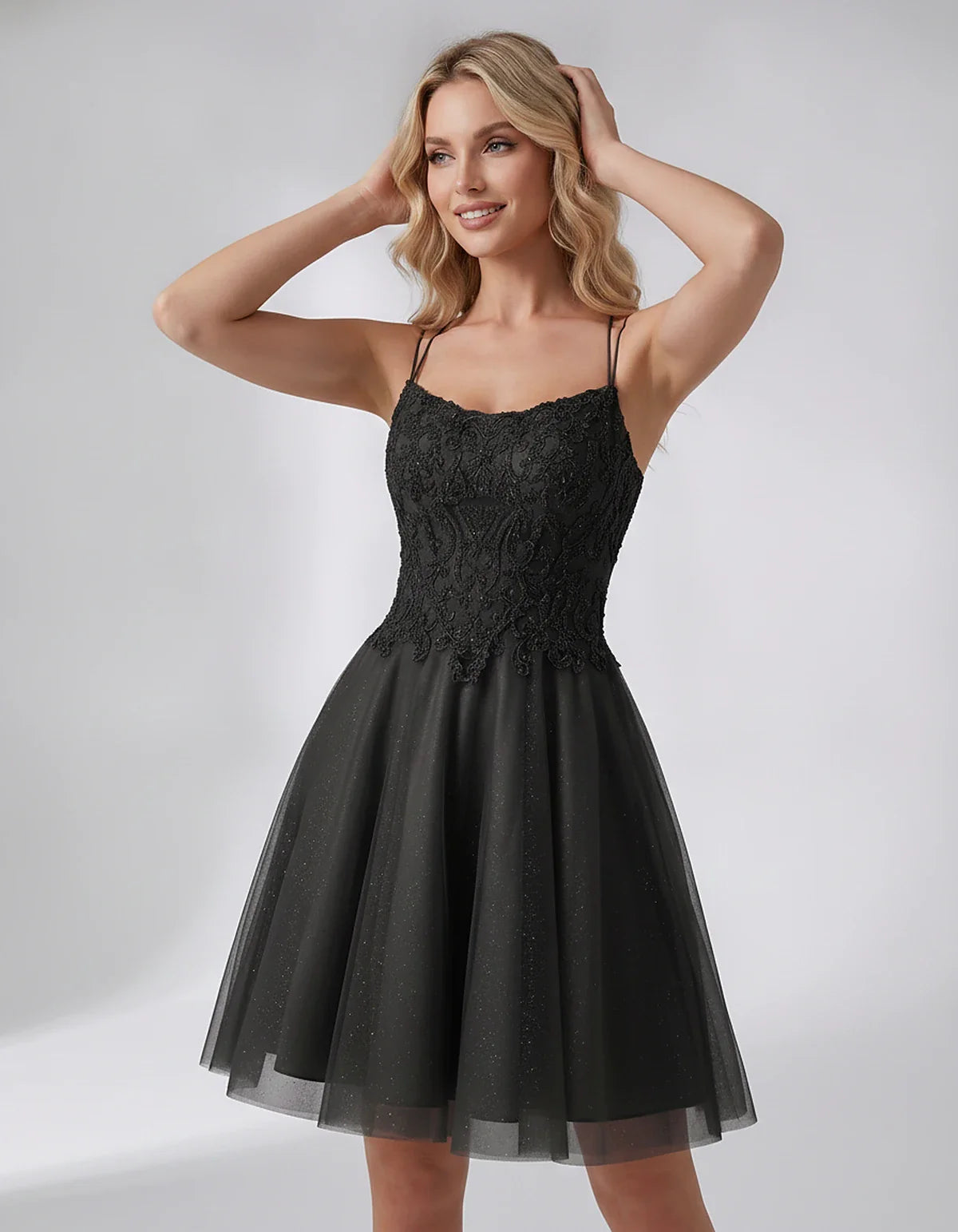 Lace Glitter Tulle Spaghetti Strap Square Neck A-Line Mini Dress for Homecoming, Party, Cocktail, Evening & Wedding Guest Eve | SKU: CMD-582741963852714-BLACK-L,CMD-582741963852714-BLACK-M,CMD-582741963852714-BLACK-S,CMD-582741963852714-BLACK-XL,CMD-582741963852714-BLACK-XS