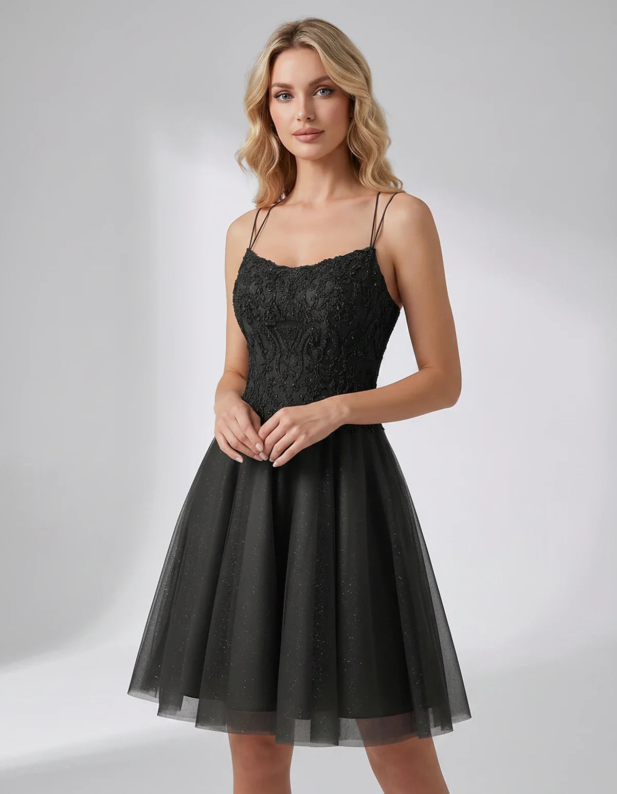 Lace Glitter Tulle Spaghetti Strap Square Neck A-Line Mini Dress for Homecoming, Party, Cocktail, Evening & Wedding Guest Eve | SKU: CMD-582741963852714-BLACK-L,CMD-582741963852714-BLACK-M,CMD-582741963852714-BLACK-S,CMD-582741963852714-BLACK-XL,CMD-582741963852714-BLACK-XS