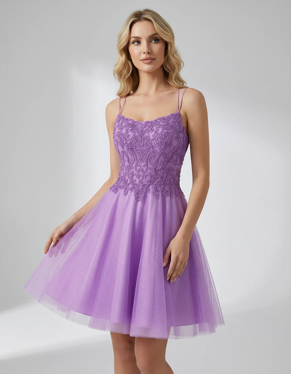Lace Glitter Tulle Spaghetti Strap Square Neck A-Line Mini Dress for Homecoming, Party, Cocktail, Evening & Wedding Guest Eve | SKU: CMD-582741963852714-PURPLE-L,CMD-582741963852714-PURPLE-M,CMD-582741963852714-PURPLE-S,CMD-582741963852714-PURPLE-XL,CMD-582741963852714-PURPLE-XS