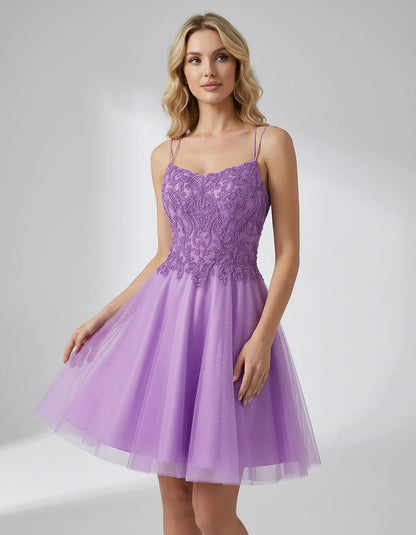 Lace Glitter Tulle Spaghetti Strap Square Neck A-Line Mini Dress for Homecoming, Party, Cocktail, Evening & Wedding Guest Eve | SKU: CMD-582741963852714-PURPLE-L,CMD-582741963852714-PURPLE-M,CMD-582741963852714-PURPLE-S,CMD-582741963852714-PURPLE-XL,CMD-582741963852714-PURPLE-XS