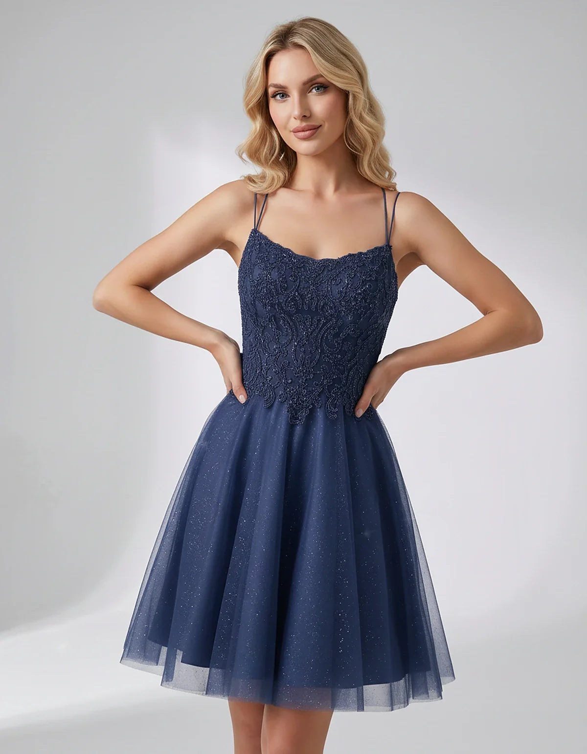 Lace Glitter Tulle Spaghetti Strap Square Neck A-Line Mini Dress for Homecoming, Party, Cocktail, Evening & Wedding Guest Eve | SKU: CMD-582741963852714-NAVY-L,CMD-582741963852714-NAVY-M,CMD-582741963852714-NAVY-S,CMD-582741963852714-NAVY-XL,CMD-582741963852714-NAVY-XS